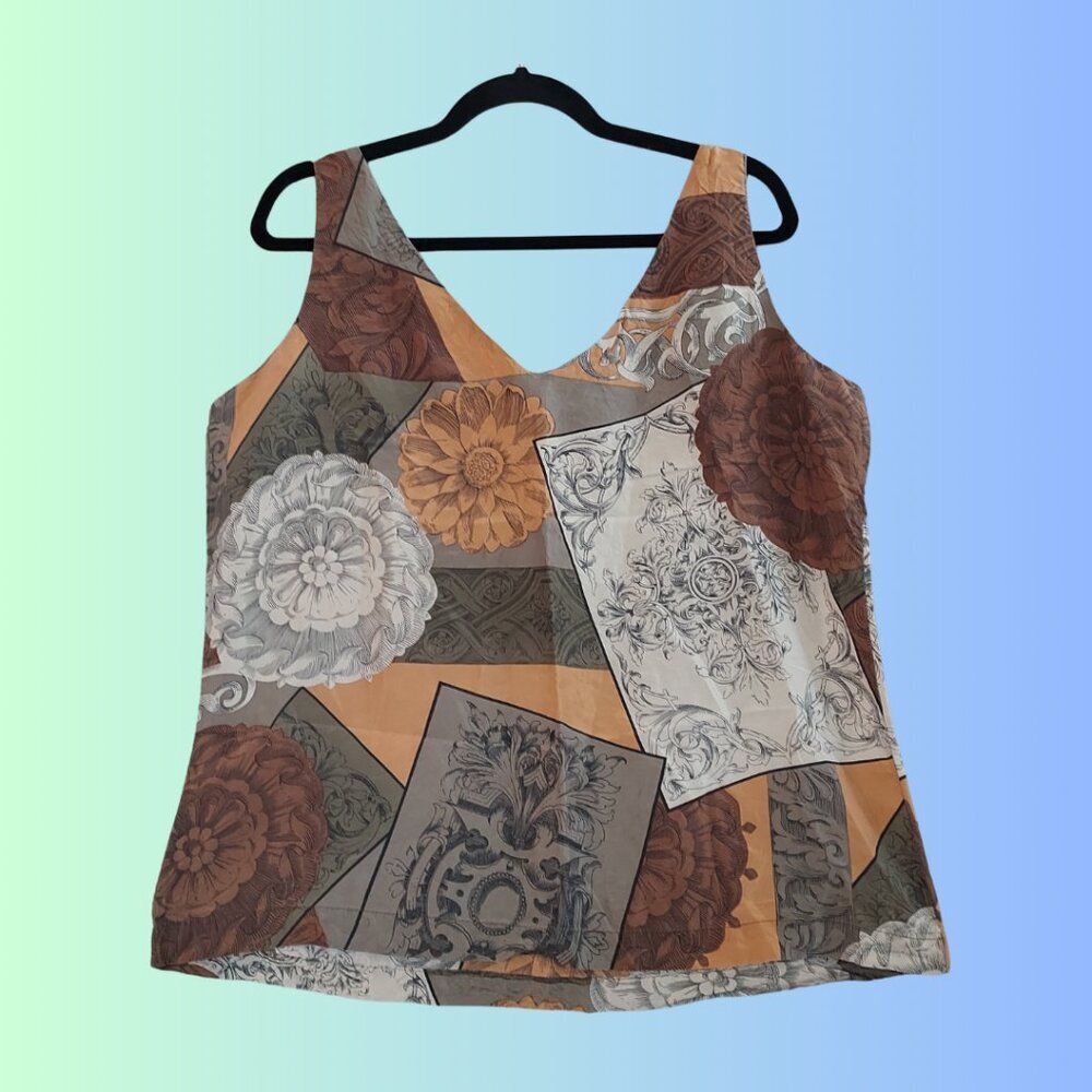 Romantic Vintage 100% Silk Top in Brown & Tan (Large)